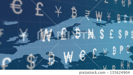 Displaying stylized map of Eurasia floating on digital blue grid, with global currency symbols Displaying stylized map of Eurasia floating on digital blue grid, with global currency symbols 135624904