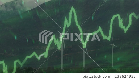 Rising three white wind turbines towering over dense valley treeline, with green line graph overlay 135624933