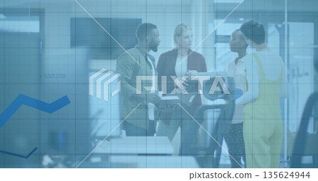 Coworkers collaborating around tablet in office, with document folder and computer monitors Coworkers collaborating around tablet in office, with document folder and computer monitors 135624944