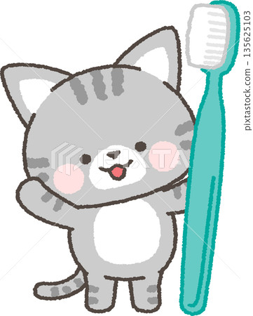 虎斑貓拿著牙刷 135625103