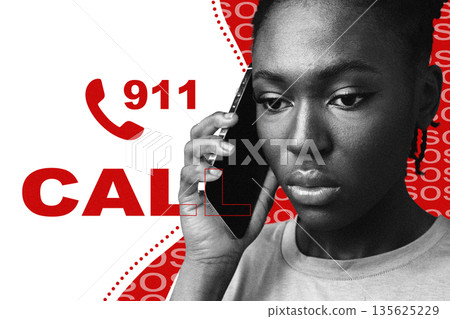 Woman calls emergency services for help during a serious situation in a bright background Woman calls emergency services for help during a serious situation in a bright background 135625229