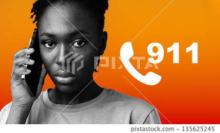 Woman calls emergency services for help during a serious situation in a bright background Woman calls emergency services for help during a serious situation in a bright background 135625245