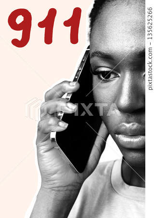 Young person making an emergency call to 911 in a serious situation Young person making an emergency call to 911 in a serious situation 135625266
