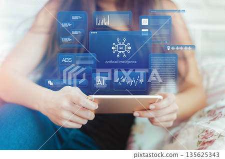 Person uses smartphone with artificial intelligence graphics displayed on screen Person uses smartphone with artificial intelligence graphics displayed on screen 135625343