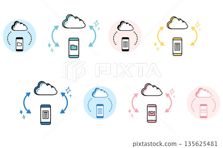 Illustration set of DX image icons that manage documents by linking smartphones and the cloud Illustration set of DX image icons that manage documents by linking smartphones and the cloud 135625481