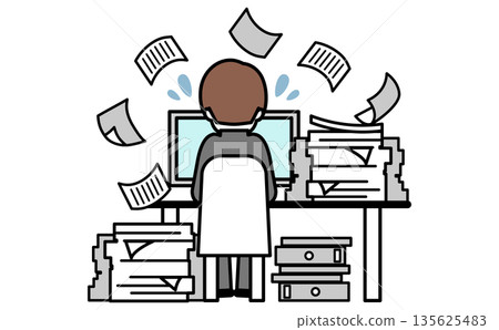 插圖描繪了辦公室工作人員在電腦前工作時被文件淹沒的場景，工作量過大，向量圖。 135625483