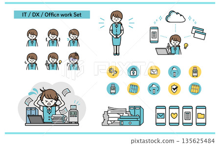 一組圖標插圖,描繪了辦公室IT女性員工忙於文書工作,並透過DX改善業務運營的場景。 一組圖標插圖,描繪了辦公室IT女性員工忙於文書工作,並透過DX改善業務運營的場景。 135625484