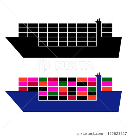 貨船裝載貨櫃的庫存插圖，包括輪廓和顏色變體。 135625537