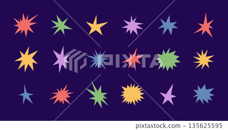 Irregular star shape icons set. Abstract starburst symbol. Comic color burst sticker. Graphic design collage element. Spiky cartoon figure. Vector illustration isolated on dark background 135625595