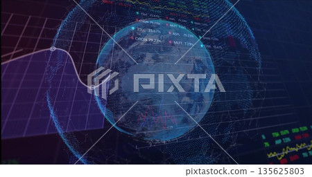 Holographic digital globe rotating in virtual analytics dashboard, with mesh of digital data points Holographic digital globe rotating in virtual analytics dashboard, with mesh of digital data points 135625803