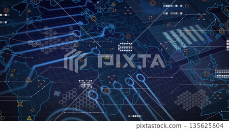 Projecting world map at futuristic HUD, showing network lines, data clusters, grids, warning icons Projecting world map at futuristic HUD, showing network lines, data clusters, grids, warning icons 135625804