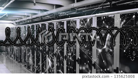 Displaying server cabinets showing waveform overlay, node graphics in data center, cable trays Displaying server cabinets showing waveform overlay, node graphics in data center, cable trays 135625808