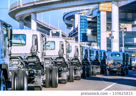 Yokohama cityscape in Japan Japanese economy...a row of trucks 135625815