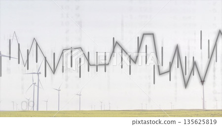 Wind turbines standing on grassland horizon, with data overlay showing vertical bars and line graph 135625819