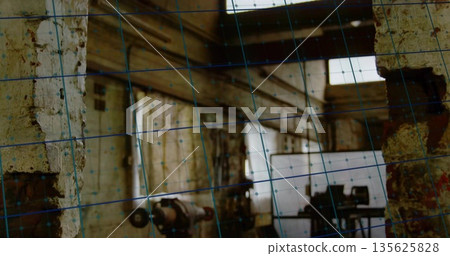 Standing concrete support column peeling paint in workshop, with blue grid overlay, van, copy space 135625828