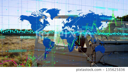Displaying aircraft fuselage blending with airfield and overlaying world map and charts, copy space 135625836