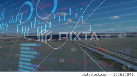 Displaying translucent candlesticks and line graphs across rural highway, with dark car and gauges Displaying translucent candlesticks and line graphs across rural highway, with dark car and gauges 135625841