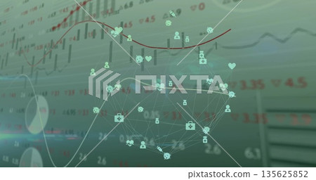 Displaying user icon network on dashboard, showing hearts crosses pill molecules with line graphs Displaying user icon network on dashboard, showing hearts crosses pill molecules with line graphs 135625852