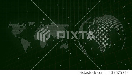 Showing dotted globe spinning over dark green grid, with flat world map glowing points, copy space Showing dotted globe spinning over dark green grid, with flat world map glowing points, copy space 135625864