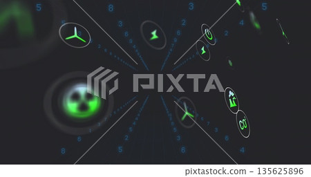 Floating energy icons moving in 3D data tunnel, with wind turbine, factory CO? and numeric streams Floating energy icons moving in 3D data tunnel, with wind turbine, factory CO? and numeric streams 135625896