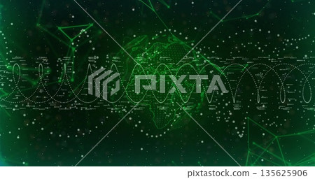 Rotating dotted wireframe globe showing waveform in digital network, with node lines and particles 135625906