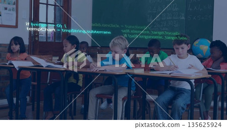 Eight school children solving math in classroom, with chalkboard equations, code overlay and globe Eight school children solving math in classroom, with chalkboard equations, code overlay and globe 135625924