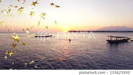 Drifting wooden boat with canopy on calm ocean at sunset, with marker buoy and golden stars Drifting wooden boat with canopy on calm ocean at sunset, with marker buoy and golden stars 135625930