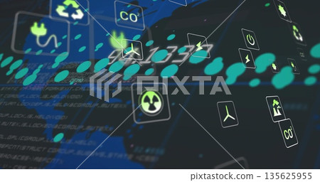 Floating icons on dashboard, with recycling, CO?, plug, wind turbine, lightning bolt and radiation 135625955