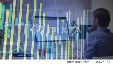 Middle-aged man in shirt analyzing data on monitors at desk, with smartphone, plant, copy space Middle-aged man in shirt analyzing data on monitors at desk, with smartphone, plant, copy space 135625964