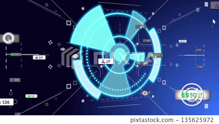 Displaying central HUD interface floating in virtual dashboard, with segmented arcs and data labels Displaying central HUD interface floating in virtual dashboard, with segmented arcs and data labels 135625972