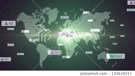 Displaying world map in virtual space, with green flares, data labels, icons, and connector lines Displaying world map in virtual space, with green flares, data labels, icons, and connector lines 135626011