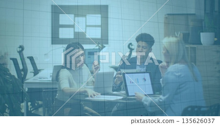 Discussing three professionals in business attire reviewing laptop charts in office conference room Discussing three professionals in business attire reviewing laptop charts in office conference room 135626037