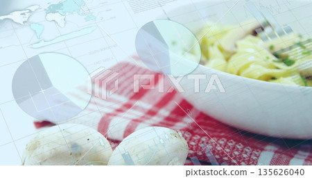 Displaying white ceramic bowl holding spaghetti with parsley alongside data overlays, copy space Displaying white ceramic bowl holding spaghetti with parsley alongside data overlays, copy space 135626040