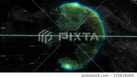 Showing glitching digital globe in virtual interface, with data band and coordinate labels Showing glitching digital globe in virtual interface, with data band and coordinate labels 135626068