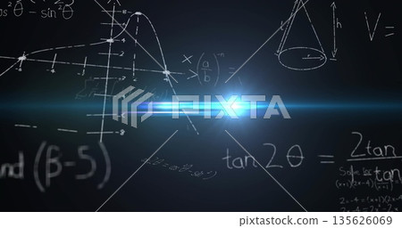 Bright lens flare piercing digital space, with sin²?,tan2? equations, Cartesian graph cone diagram Bright lens flare piercing digital space, with sin²?,tan2? equations, Cartesian graph cone diagram 135626069