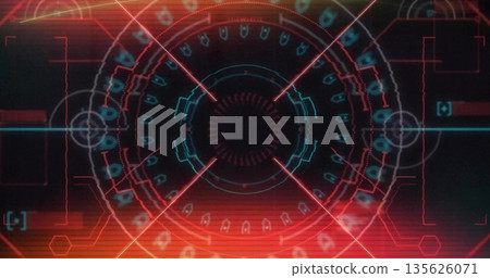 Displaying circular HUD glowing in virtual UI, with concentric circles, reticle, radial grid lines Displaying circular HUD glowing in virtual UI, with concentric circles, reticle, radial grid lines 135626071