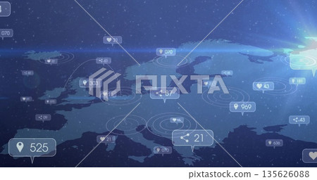 Showing Europe map over starry sky, with target rings, social icons, numeric counters 135626088