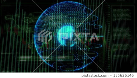 Showing data sphere on financial interface, with candlesticks, streams, code panels, map outlines 135626146