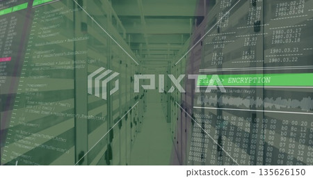 Streaming code overlays across data center corridor, showing server racks and encryption status bar 135626150
