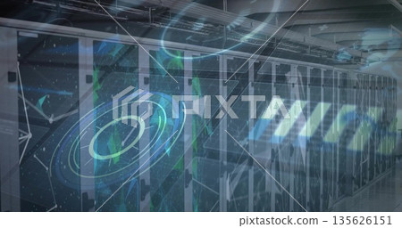 Server rack line displaying holographic data visualizations in data center aisle, with LED lighting 135626151