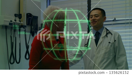 Lab coat doctor and senior patient discussing health data in exam room, with holographic globe Lab coat doctor and senior patient discussing health data in exam room, with holographic globe 135626152
