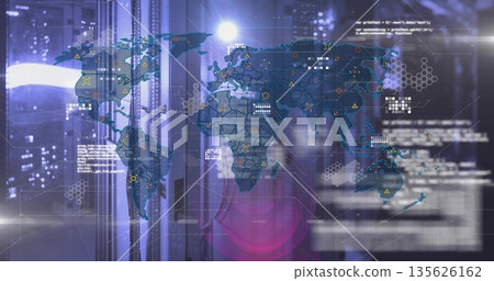 Displaying digital world map overlay showing activity at server room, with server racks code icons Displaying digital world map overlay showing activity at server room, with server racks code icons 135626162