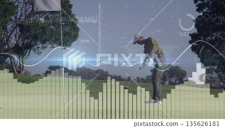 Lining up putt, mature golfer leaning on putting green with putter, ball, flagstick, HUD overlay 135626181