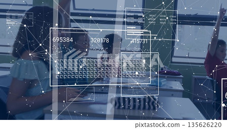 Raising hand boy wearing red t-shirt sitting right in classroom, with laptop and network overlay Raising hand boy wearing red t-shirt sitting right in classroom, with laptop and network overlay 135626220