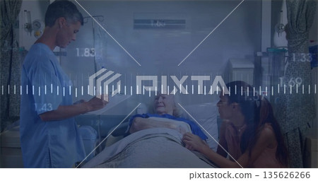 Writing nurse in scrubs holding clipboard beside bed in hospital room, with digital overlay Writing nurse in scrubs holding clipboard beside bed in hospital room, with digital overlay 135626266