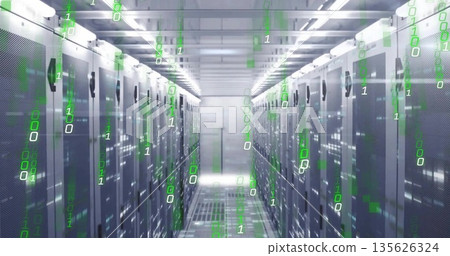 Displaying aisle in data center with server racks, LED indicators, network switches, binary overlay 135626324