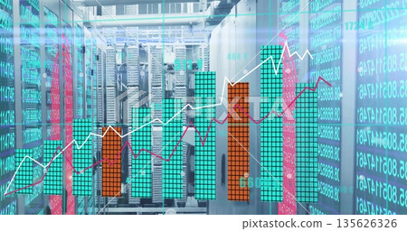 Displaying central server racks streaming metrics in data center corridor, with digital overlays Displaying central server racks streaming metrics in data center corridor, with digital overlays 135626326