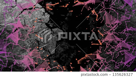 Framing central black void within textured grey background, with purple meshes and orange dot nodes Framing central black void within textured grey background, with purple meshes and orange dot nodes 135626327