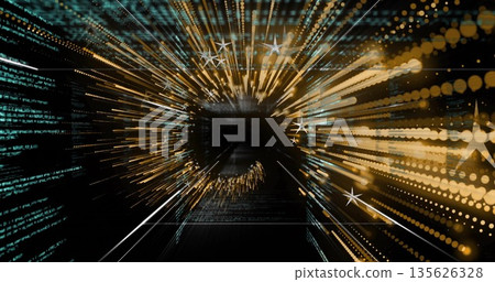 Golden streams and teal code converging toward dark portal in virtual data tunnel, with star icons Golden streams and teal code converging toward dark portal in virtual data tunnel, with star icons 135626328