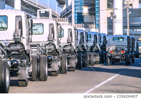 Yokohama cityscape in Japan Japanese economy...a row of trucks 135626407